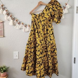 Farm Rio Spotted Bananas Puff One Shoulder Tiered Ruffle Midi Dress Preppy S